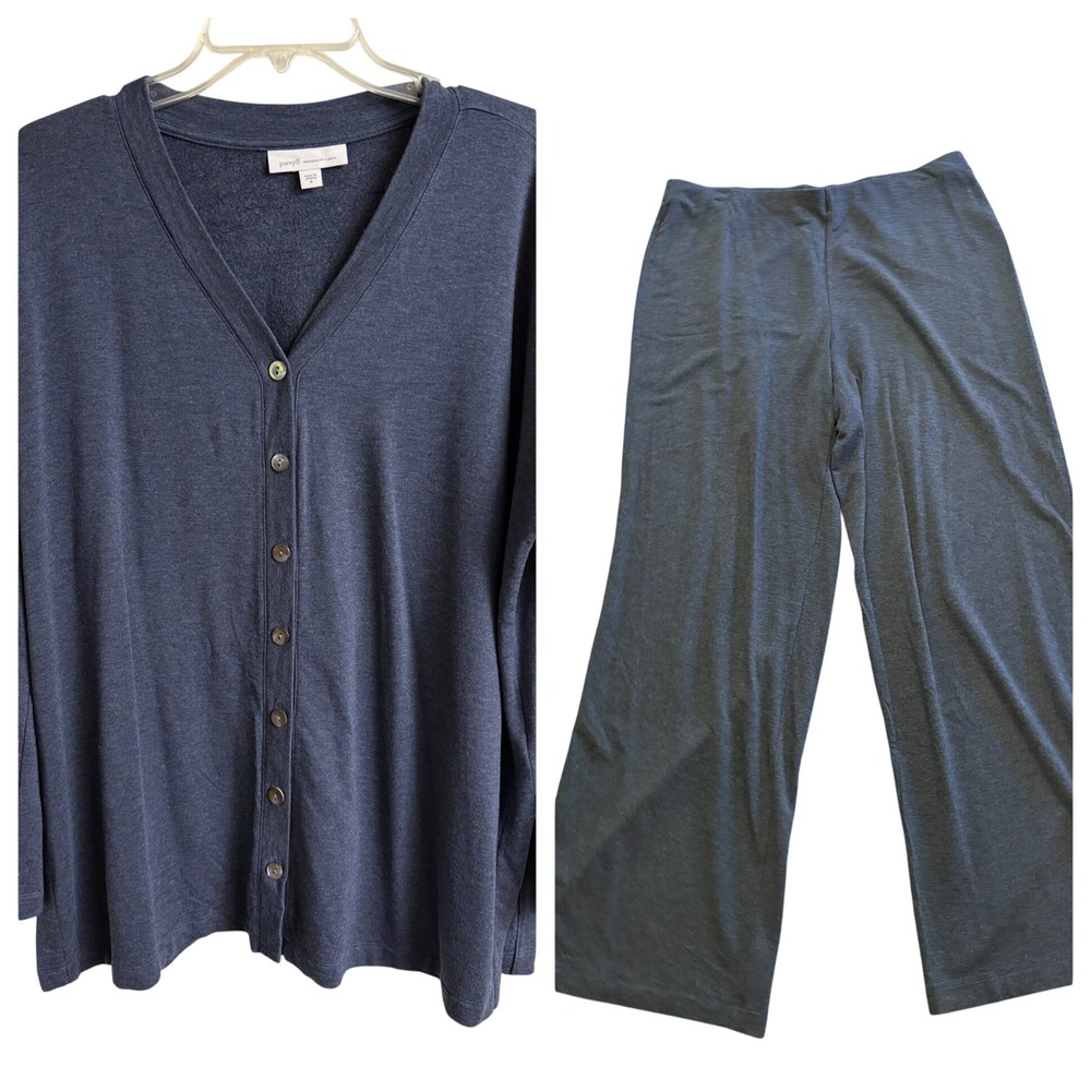 J. Jill Pure Jill Tranquility Fleece Cardigan & Wide Leg Pants Set Blue Gray M